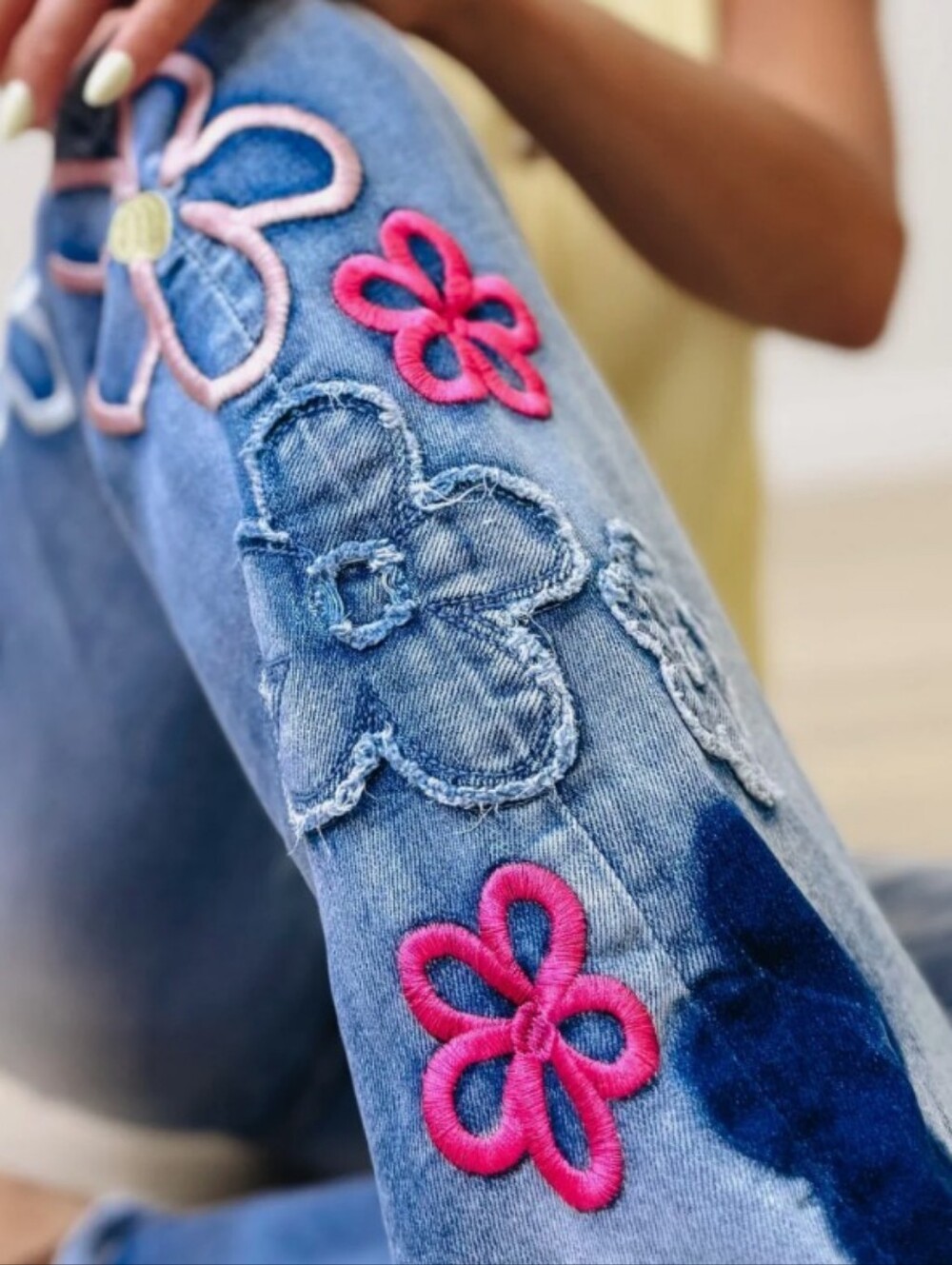 Womens Blue Denim Jeans with Pink Floral Embroidery
